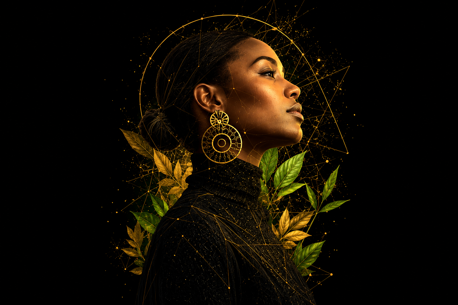 Breadfruit Studio — a portrait of AI-native creative direction, gold constellations and living leaves
